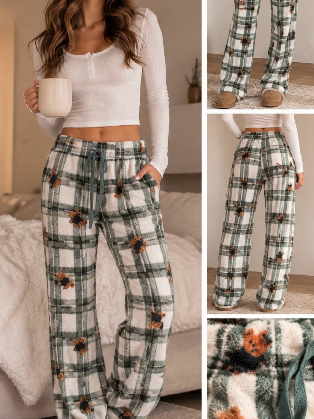 Forever 21 Plaid Teddy Bear Fleece Pajama Pants Size M